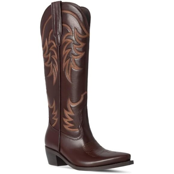 ⚡Women's Brown Knee High Chunky Heel Pointed Toe Wide Calf Pull On Embroidered - Picture 1 of 5